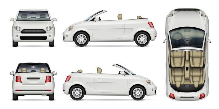 Mini convertible car vector mockup on white for vehicle branding, corporate identity. View from side, front, back, and top. All elements in the groups on separate layers for easy editing and recolor.