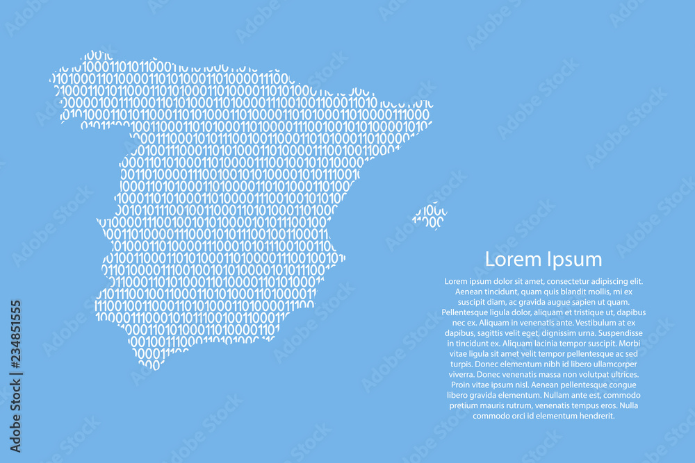 Fototapete spain map abstract schematic from white ones and zeros binary digital code on light blue background 