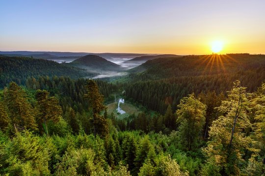 View from the viewing platform Ellbachseeblick, sunrise, northern Black Forest, Baiersbronn, Baden-Wurttemberg, Germany, Europe