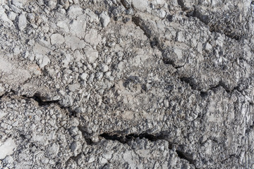 close-up of deep cracks on the ground due to soil movement.