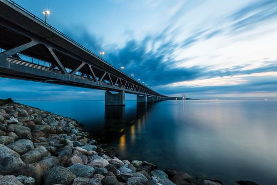 Oresund Bridge, Oresundsbroen, world's longest cable-stayed bridge connecting Copenhagen with Malmo, Denmark, Sweden, Europe