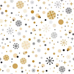 Gardinen Dekoratives nahtloses Muster des Weihnachtszeitvektors mit goldenen schwarzen grauen snpwflakes Winterhintergrund © Tani Kuzminka