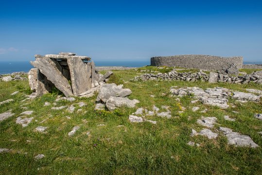 Iron Age stone chamber tomb, behind historic Dun Eochla Fort, Eochaill, Inishmore, Aran Islands, County Galway, Republic of Ireland
