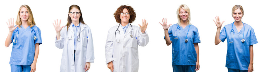 Collage of group of professional doctor women over white isolated background showing and pointing up with fingers number five while smiling confident and happy.