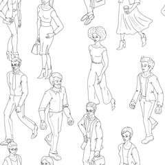 Seamless pattern with business people walking. Sketch style illustration with men and woman.