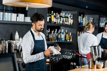 adult barman in apron polishing glass with cloth at workplace