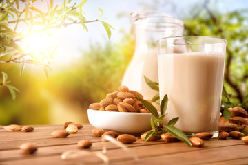 Almond drink on table with jug in the field closeup