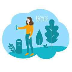Healthy lifestyle, environment care. Cartoon volunteer girl recycles in park. Flat Woman recycling plastic