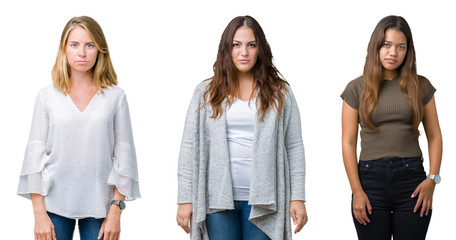 Collage of group of three young beautiful women over white isolated background skeptic and nervous, frowning upset because of problem. Negative person.