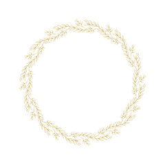 Lovely Hand Drawn Golden Twigs, Branches Round Shape Vector Garland. White Background. Retro Style. Delicate Golden Sketched Floral Wreath. Frame Made of Flowers Isolated on White.