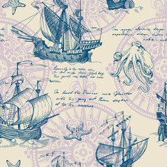 Old caravel, vintage sailboat, sea monster. Vector seamless pattern