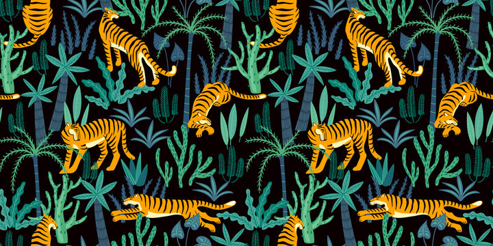 Seamless exotic pattern with tigers in the jungle.