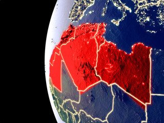 Night view of Maghreb region from space with visible city lights. Very detailed plastic planet surface.