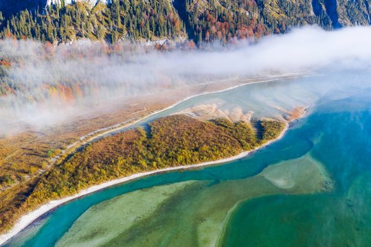 Isar, at the inflow into the Sylvenstein lake, Sylvenstein reservoir, drone image, Lenggries, Isarwinkel, Upper Bavaria, Bavaria, Germany, Europe