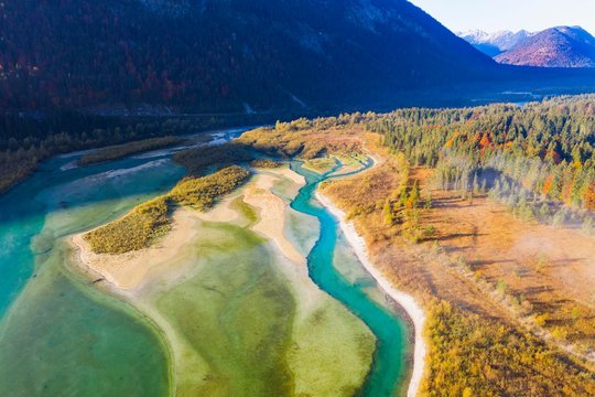Isar, at the inflow into the Sylvenstein lake, Sylvenstein reservoir, drone image, Lenggries, Isarwinkel, Upper Bavaria, Bavaria, Germany, Europe
