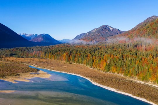 Isar, at the inflow into the Sylvenstein lake, Sylvenstein reservoir, drone image, Lenggries, Isarwinkel, Upper Bavaria, Bavaria, Germany, Europe