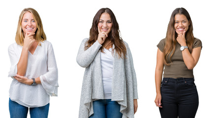 Obraz premium Collage of group of three young beautiful women over white isolated background looking confident at the camera with smile with crossed arms and hand raised on chin. Thinking positive.