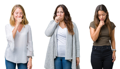 Obraz premium Collage of group of three young beautiful women over white isolated background feeling unwell and coughing as symptom for cold or bronchitis. Healthcare concept.
