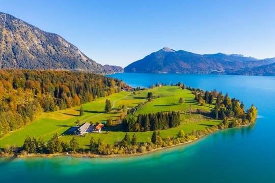 Peninsula Zwergern, Lake Walchensee, behind Jochberg, drone image, Upper Bavaria, Bavaria, Germany, Europe