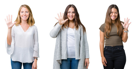 Collage of group of three young beautiful women over white isolated background showing and pointing up with fingers number five while smiling confident and happy.
