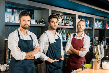 adult barmen team standing at workplace with arms crossed