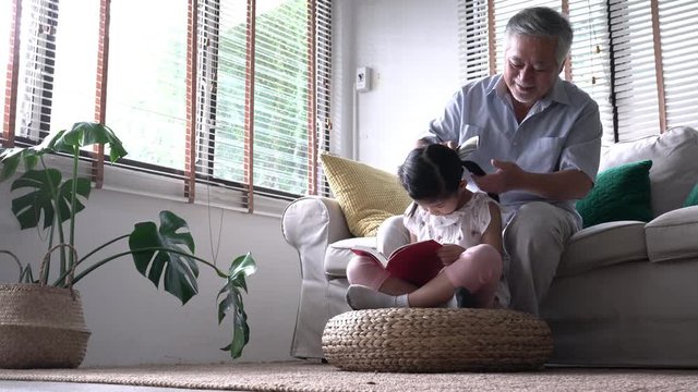 Senior man comb hair granddaughter and reading book together at home. Concept of caucasian family, education, primary school, growing learn and development of age. 4k resolution.