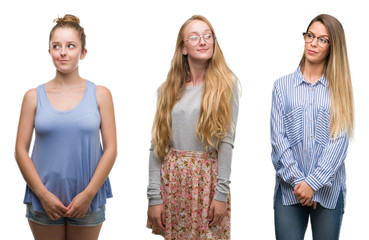 Collage of group of blonde women over isolated background smiling looking side and staring away thinking.