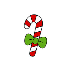 Christmas candy cane vector outlined illustration icon. Festive, traditional, seasonal sweet red and white striped candy cane with green ribbon bow.