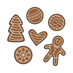 Christmas gingerbread cookies vector outlined illustration icon set. Festive, holiday, traditional gingerbread man, snowflake, heart, xmas tree and ornaments decorated with sugar icing.