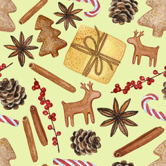 Seamless Pattern of Various New Year and Christmas Decorative Elements - Watercolour Hand-drawn Illustration