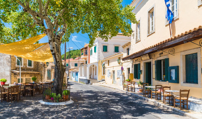 Central square of Lakones Village near Paleokastritsa, Corfu island, Greece - obrazy, fototapety, plakaty