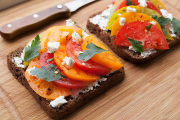 Sandwich with curd cheese and ripe tomatoes, vegetable sandwich