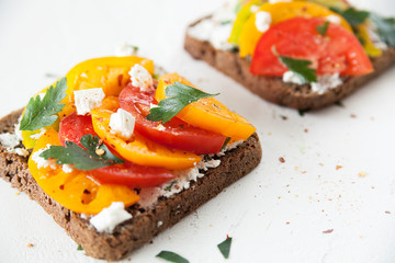 Sandwich with curd cheese and ripe tomatoes, vegetable sandwich