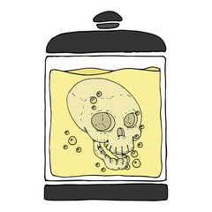 A can of liquid. The human skull in the jar. Vector illustration.