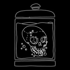 Skull contour on a black background. Human skull in the jar. Vector illustration.