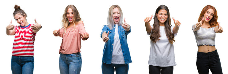 Collage of young beautiful grop of women over isolated background approving doing positive gesture...