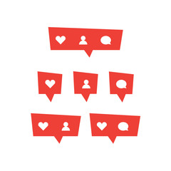 Red social media bubble shape with like heart, follower person, and comment icon. Simple flat design. Vector illustreted