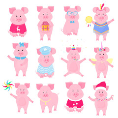 Cute piggy in different costumes. Unicorn, Santa Claus,, sailor, Funny animal. The symbol of the Chinese New Year. Pig cartoon character