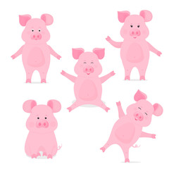 A set of cute piggy cartoon characters in different poses, sitting, standing, hand up and down. Funny pig. The symbol of the Chinese New Year