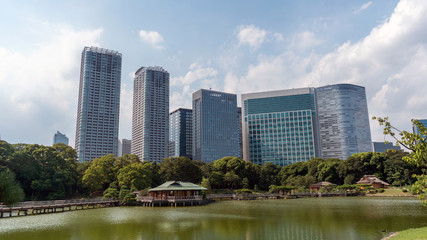 Fototapeta na wymiar Hamarikyu Gardens is a large and attractive landscape garden in Tokyo, Chuo district, Sumida River, Japan