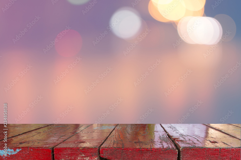 Canvas Prints wooden desk with blurred light bokeh abstract background