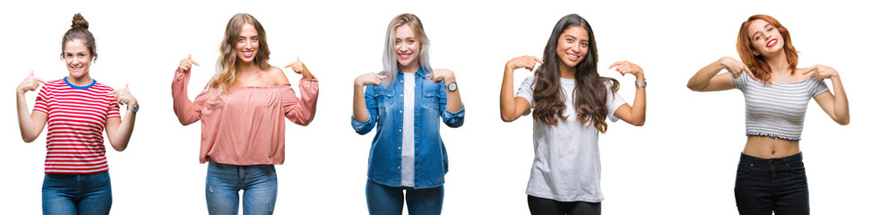 Collage of young beautiful grop of women over isolated background looking confident with smile on...