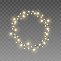 Vector twisted in circle realistic yellow light garlands. Festive decoration with string of shiny Christmas lights. Glowing fairy bulbs of different sizes isolated on transparent background.