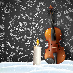 Christmas background with violin, candle and doodles