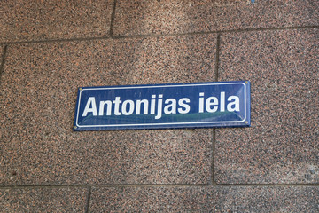 RIGA, LATVIA - July 14, 2017: Sreet sign of Antonijas iela, which means Antonias street
