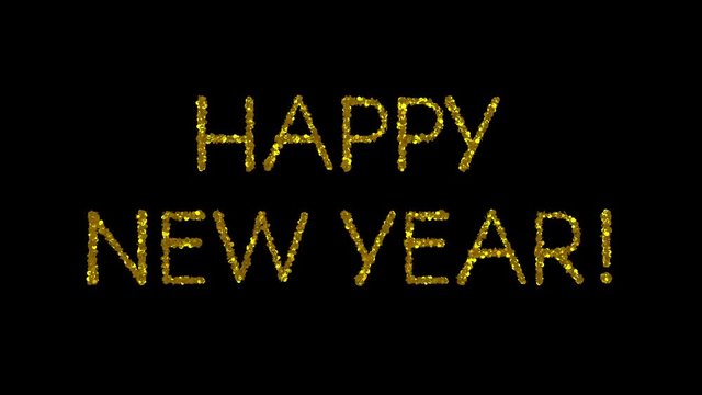Happy New Year inscription made of glittering gold particles gradually looms, flickers, and also gradually disappears. Included alpha channel for use in motion design