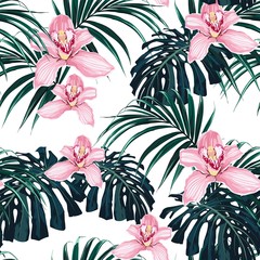 Motif tropical sans couture, feuillage tropique vif, avec feuille de monstera, feuilles de palmier, fleurs d& 39 orchidées roses en fleurs. Conception d& 39 impression d& 39 été lumineuse et moderne.