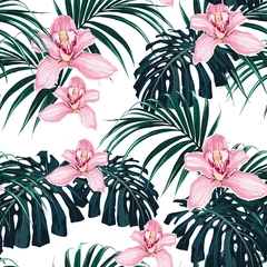 Stickers meubles Palmiers Motif tropical sans couture, feuillage tropique vif, avec feuille de monstera, feuilles de palmier, fleurs d& 39 orchidées roses en fleurs. Conception d& 39 impression d& 39 été lumineuse et moderne.