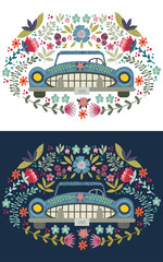 Hand drawing cute cartoon car with a floral elements and patterns. Doodle flat