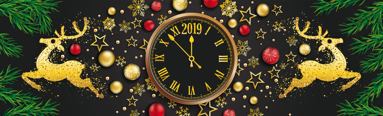 Weihnachten Banner mit Rentieren, Weihnachtskugeln und Uhr mit der Jahreszahl 2019